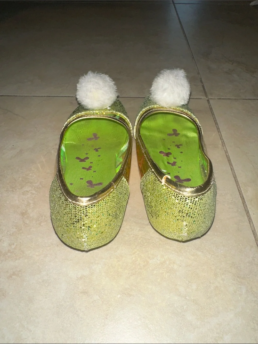Disney’s Tinkerbell Glittery Wedges Peep-Toe Flats with White Jingling Pom Pom